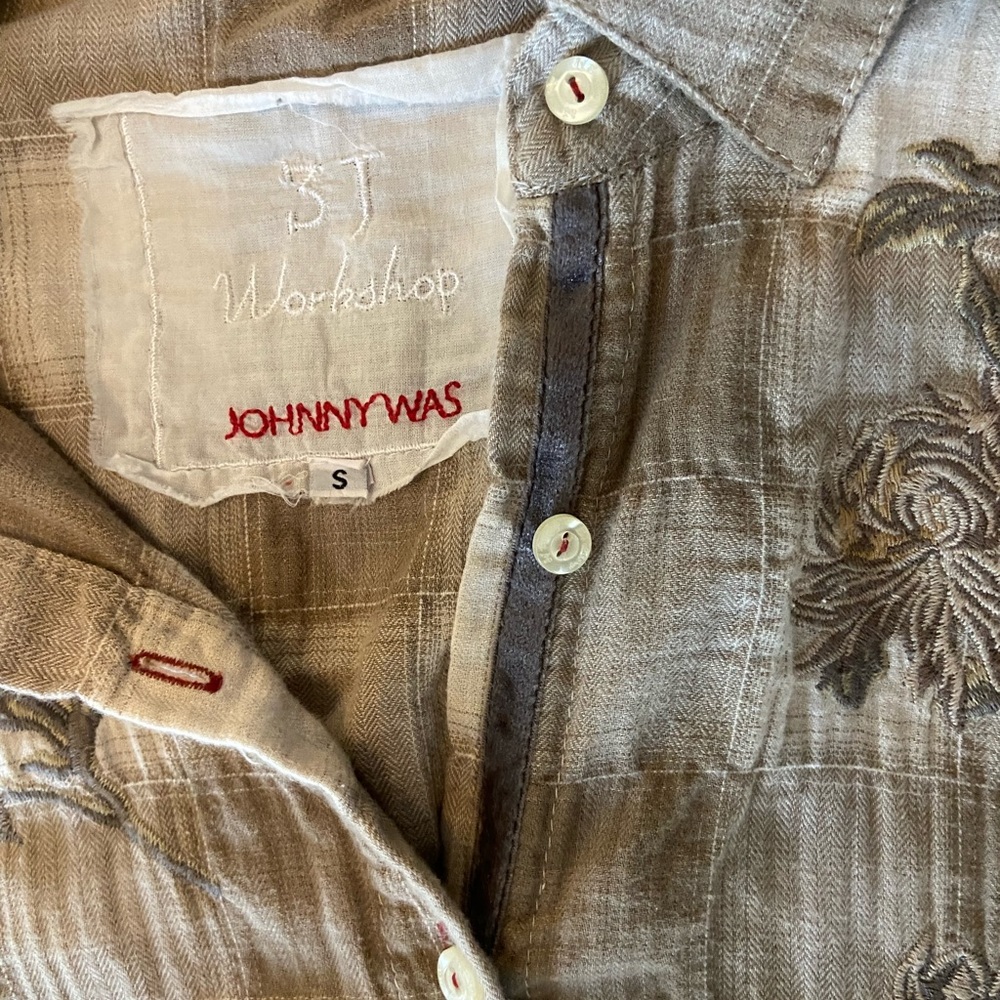 Johnny Was Embroidered Cotton Button Up Top, Saddle Brown & Beige Plaid, Sz Sml - Picture 2 of 7